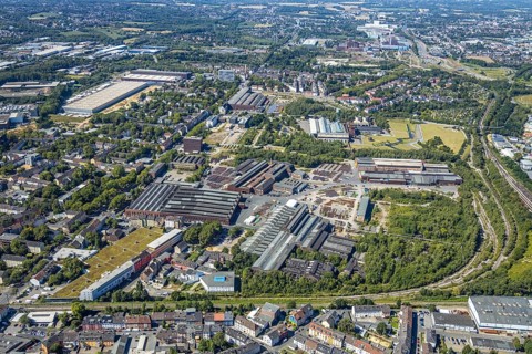 Aerial photo, Bochumer Verein Verkehrstechnik GmbH, Westpark, Gleisdreieck, Jahrhunderthalle