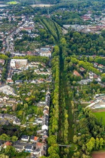 Aerial view, Former Rhenish Railway Road, RS1 fast cycle route, residential area with care facility