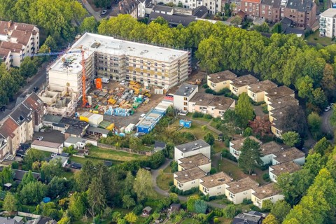 Aerial view, residential quarter with care facility Am Beisenkamp, Wattenscheid, Bochum, Ruhr area,