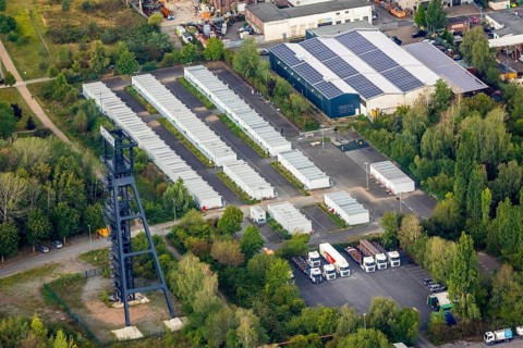 Aerial view, refugee accommodation at the former Holland colliery, Leithe, Bochum, Ruhr area, North
