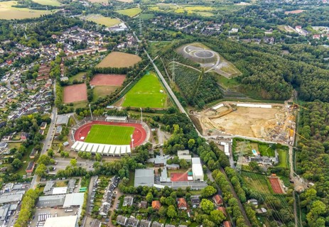 Aerial view, Lohrheide stadium, Rheinelbe slag heap, Wattenscheider Bach rainwater retention basin