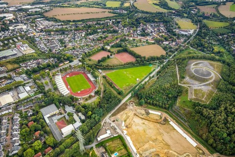 Aerial view, Lohrheide stadium, Rheinelbe slag heap, Wattenscheider Bach rainwater retention basin