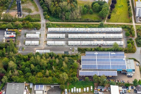 Aerial view, refugee accommodation at the former Holland colliery, Leithe, Bochum, Ruhr area, North