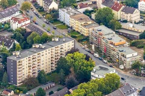 Aerial view, construction site, new residential complex Marienstraße corner Hüllerstraße,