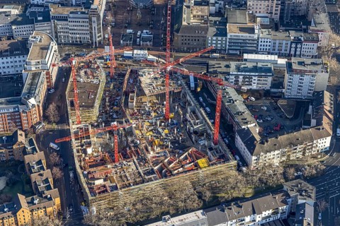 Aerial view, construction site new justice centre Bochum, Viktoriastraße, city centre, Westring,