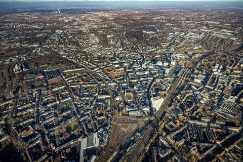 Aerial view, city overview Bochum from west with Gleisdreieck, Kortumstraße, Bermuda triangle,