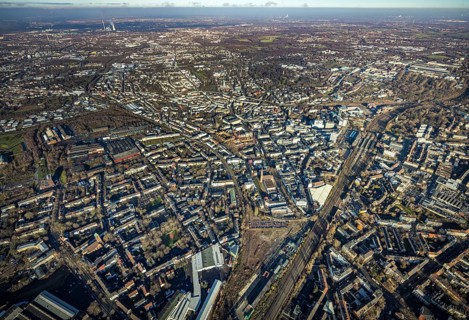 Aerial view, city overview Bochum from west with Gleisdreieck, Kortumstraße, Bermuda triangle,