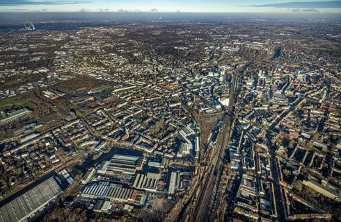 Aerial view, city overview Bochum from west with Gleisdreieck, Kortumstraße, Bermuda triangle,