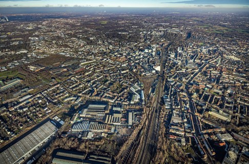 Aerial view, city overview Bochum from west with Gleisdreieck, Kortumstraße, Bermuda triangle,