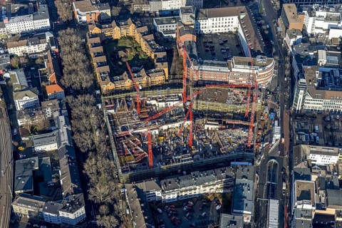 Aerial view, construction site new justice centre Bochum, Viktoriastraße, city centre, Westring,