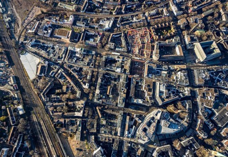 Aerial view, vertical shot city centre with Kortumstraße and new justice centre, Gleisdreieck,