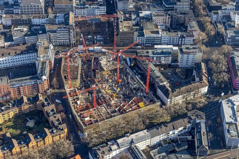 Aerial view, construction site new justice centre Bochum, Viktoriastraße, city centre, Westring,