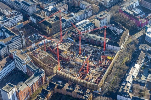 Aerial view, construction site new justice centre Bochum, Viktoriastraße, city centre, Westring,