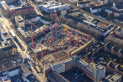 Aerial view, construction site new justice centre Bochum, Viktoriastraße, city centre, Westring,