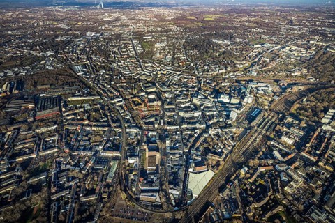 Aerial view, city overview Bochum from west with Gleisdreieck, Kortumstraße, Bermuda triangle,