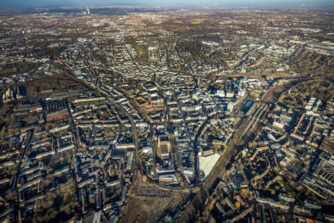 Aerial view, city overview Bochum from west with Gleisdreieck, Kortumstraße, Bermuda triangle,