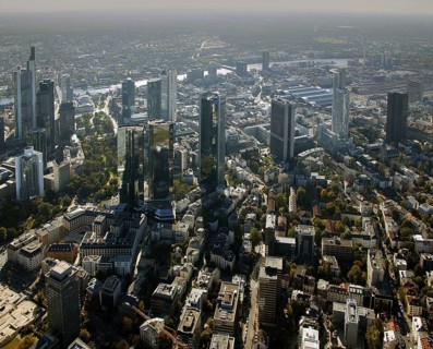 Frankfurt, skyline, skyscrapers, Deutsche Bank, DEU Germany Germany, Europe, aerial view,