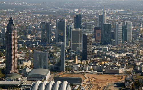 Frankfurt, skyline, skyscrapers, Deutsche Bank, DEU Germany Germany, Europe, aerial view,