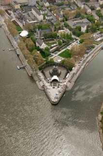 Aerial view, Deutsches Eck, Bundesgartenschau 2011 - Koblenz transforms - 15 April to 16 October