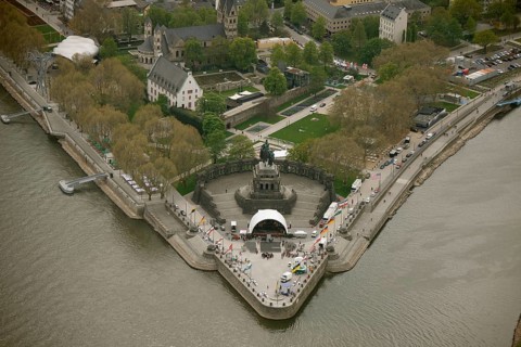 Aerial view, Deutsches Eck, Bundesgartenschau 2011 - Koblenz transforms - 15 April to 16 October