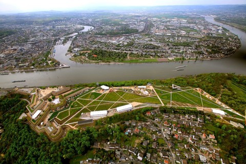 Aerial view, Ehrenbreitstein Fortress, Federal Garden Show 2011 - Koblenz Transforms - 15 April to