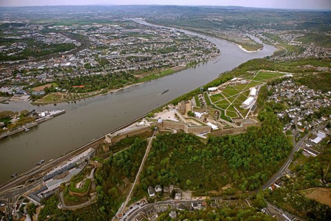 Aerial view, Ehrenbreitstein Fortress, Federal Garden Show 2011 - Koblenz Transforms - 15 April to