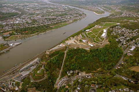 Aerial view, Ehrenbreitstein Fortress, Federal Garden Show 2011 - Koblenz Transforms - 15 April to