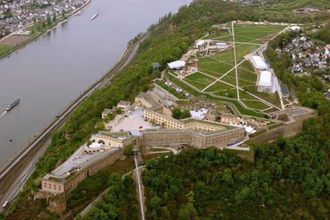 Aerial view, Ehrenbreitstein Fortress, Federal Garden Show 2011 - Koblenz Transforms - 15 April to