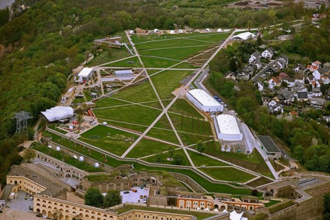 Aerial view, Ehrenbreitstein Fortress, Federal Garden Show 2011 - Koblenz Transforms - 15 April to