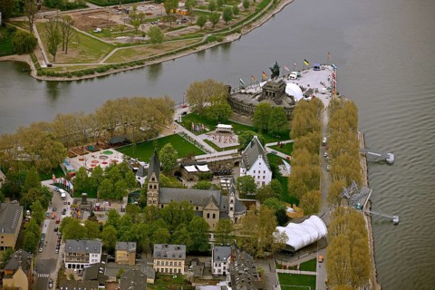 Aerial view, Deutsches Eck, Bundesgartenschau 2011 - Koblenz transforms - 15 April to 16 October