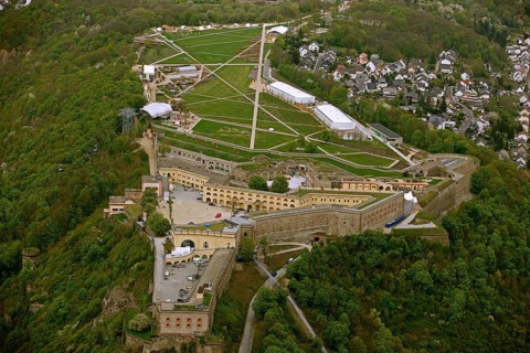 Aerial view, Ehrenbreitstein Fortress, Federal Garden Show 2011 - Koblenz Transforms - 15 April to