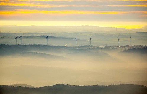 View from the Taunus over the Rhine Valley into the Hunsrück near Boppard, wind power plants on the
