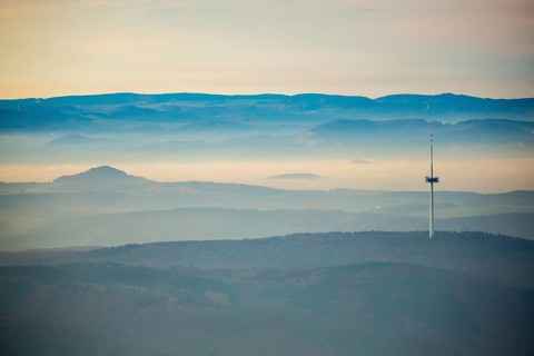 View from the Rhine valley to the heights of the Hunsrück with television tower of Koblenz,
