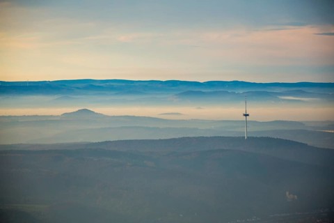 View from the Rhine valley to the heights of the Hunsrück with television tower of Koblenz,