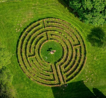 Circle labyrinth at Steinfeld Monastery, monastery in Kall, Benedictine Abbey, Kall, Eifel, North