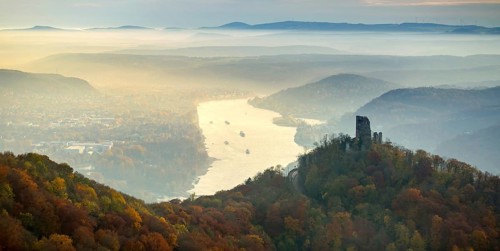 Drachenfels castle ruins against the backdrop of the Rhine, Rhine valley, Rhine, colourful autumn
