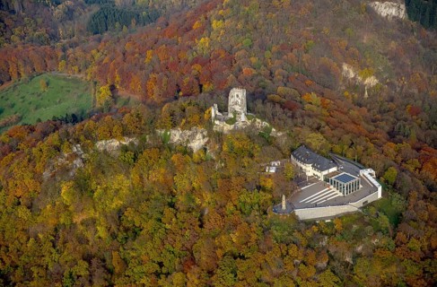 Castle ruins Drachenfels with plateau and glass cube, Bad Honnef, Siebengebierge between