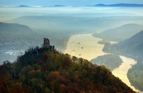 Drachenfels castle ruins against the backdrop of the Rhine, Rhine valley, Rhine, colourful autumn