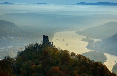 Drachenfels castle ruins against the backdrop of the Rhine, Rhine valley, Rhine, colourful autumn