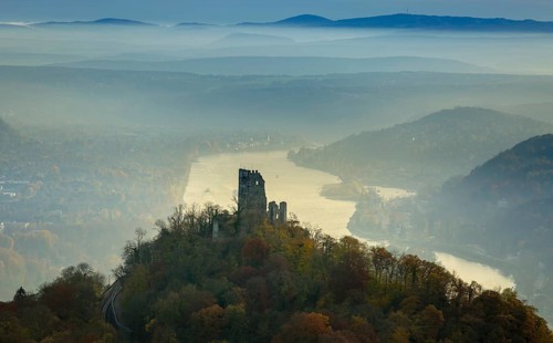 Drachenfels castle ruins against the backdrop of the Rhine, Rhine valley, Rhine, colourful autumn