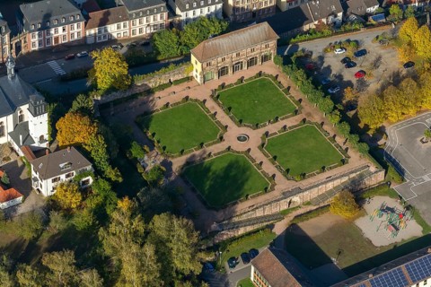 Orangery Lange Bau with remains of the castle, Blieskastel, Saarland, Germany, Europe, aerial view,