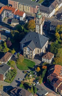 Reconciliation Church, Völklingen, Saarland, Germany, Europe, aerial view, birds-eyes view, aerial