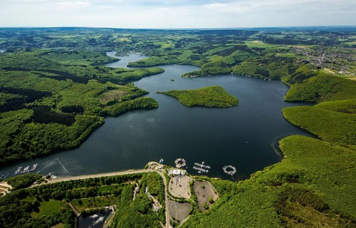 Sailing boat jetty near the dam wall, Rurstausee, Rurtalsperre Schwammenauel second largest