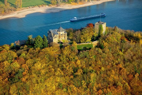 Rheineck Castle in the Rhine Valley, Rhine, autumn leaves, ship, freighter, inland navigation, gas