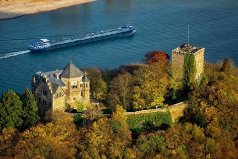 Rheineck Castle in the Rhine Valley, Rhine, autumn leaves, ship, freighter, inland navigation, gas