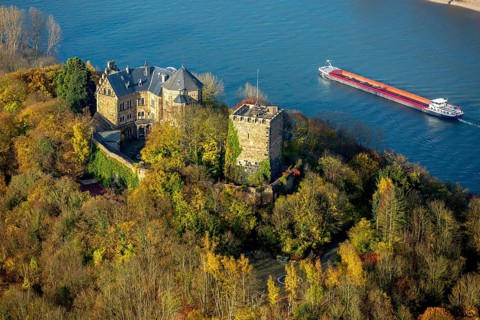 Rheineck Castle in the Rhine Valley, Rhine, autumn leaves, ship, freighter, inland navigation, Bad