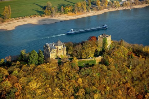 Rheineck Castle in the Rhine Valley, Rhine, autumn leaves, ship, freighter, inland navigation, gas