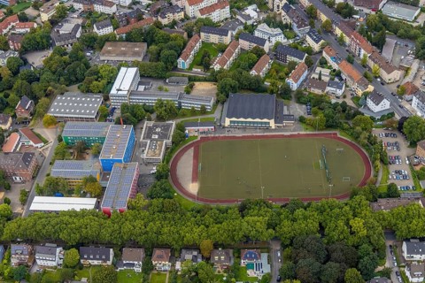 Aerial view, vocational college and Otto-Schott-Realschule as well as sports field with