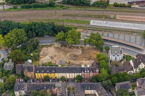 Aerial view, construction site for new hotel building on Bergerstraße at the main railway station
