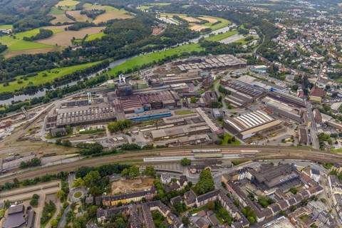 Aerial view, stainless steel plant Witten, main station Witten and construction site for new hotel